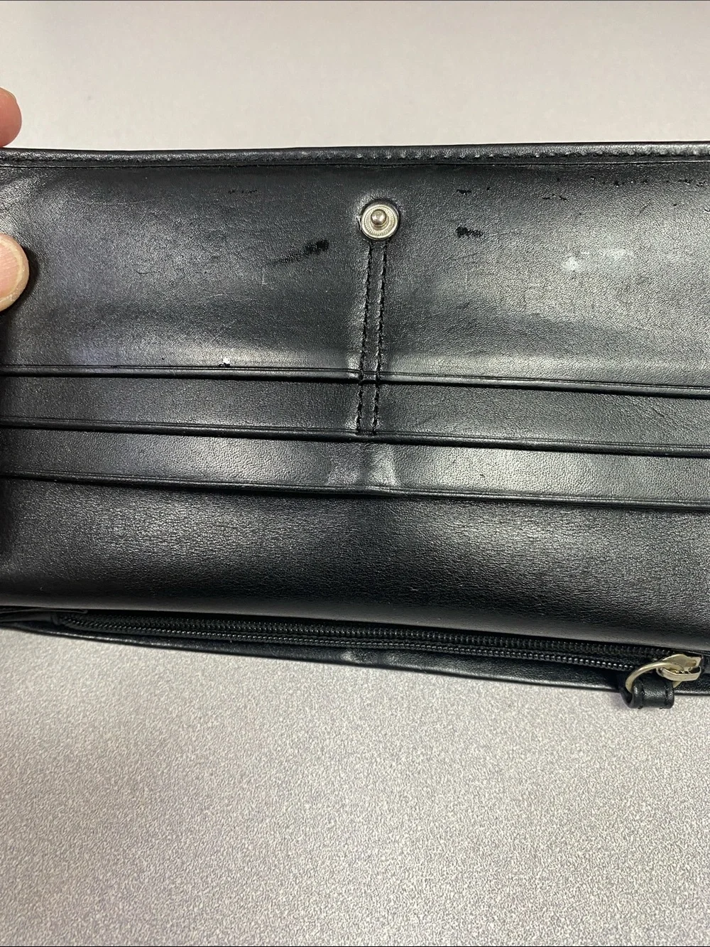 Coach Black Leather Trifold Wallet with Signature Metal Snap